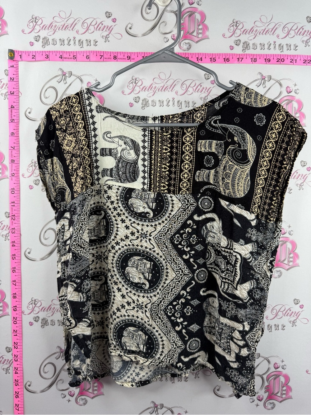Shirt elegant Boho Elephant Print Cap Sleeve Top - Black & Cream